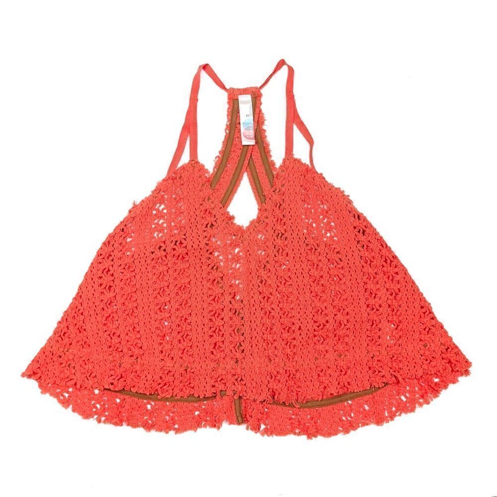 FREE PEOPLE Sheer Crochet Knit Racerback Babydoll Swing Tank Orange Floral XS